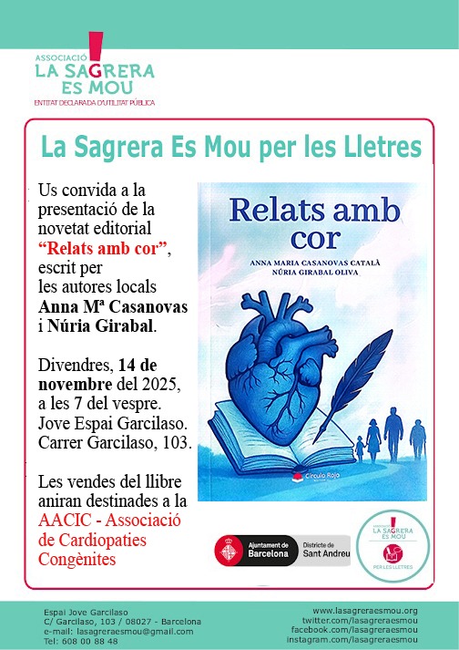 Cartell de la presentació del llibre 'Relats amb cor' d'Anna Maria Casanovas i Núria Girabal a l'Espai Jove Garcilaso de Barcelona