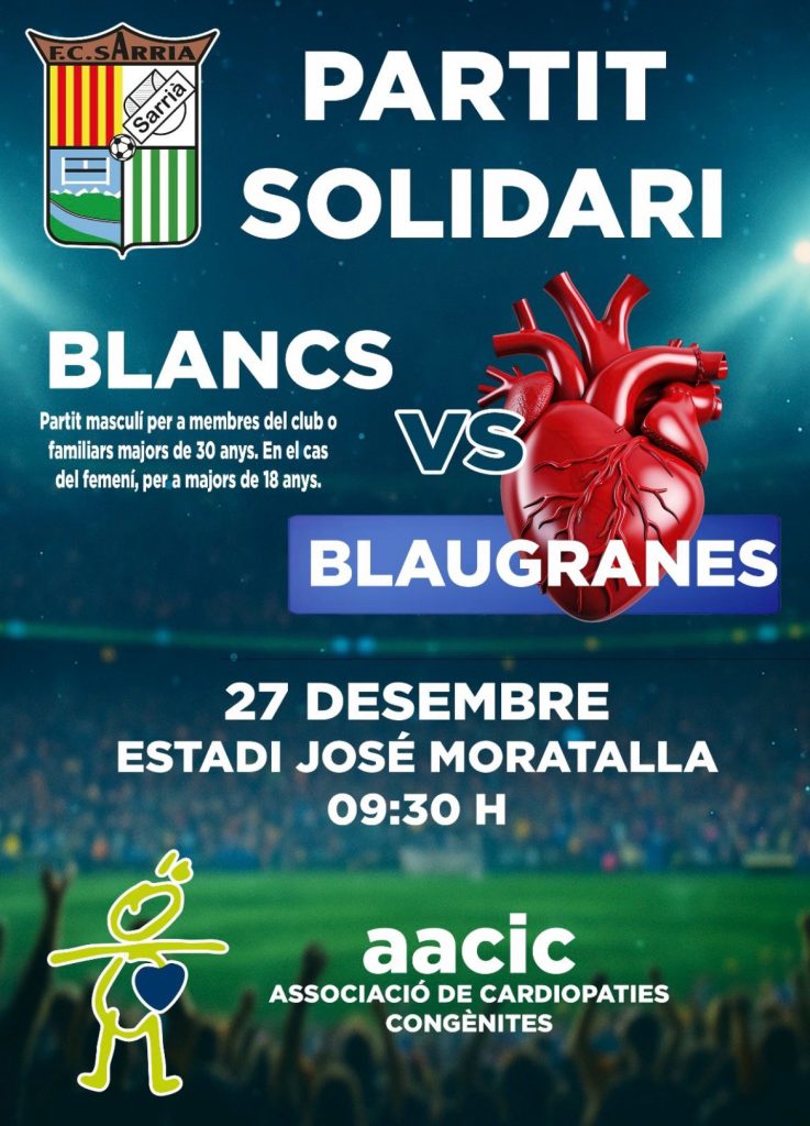 Cartell del partit solidari Blancs vs Blaugranes a Sarrià de Ter